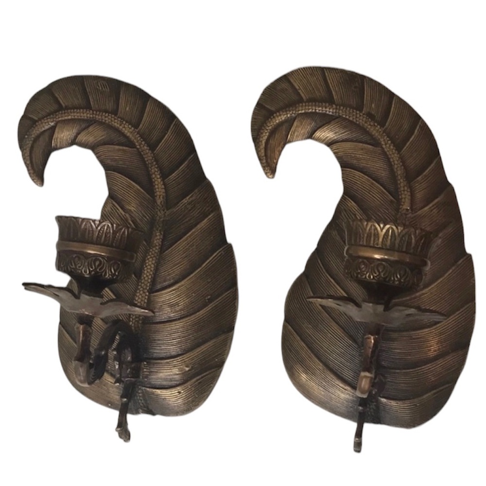 Brass Metal Palm Leaf Taper Candle Sconces Set of 2